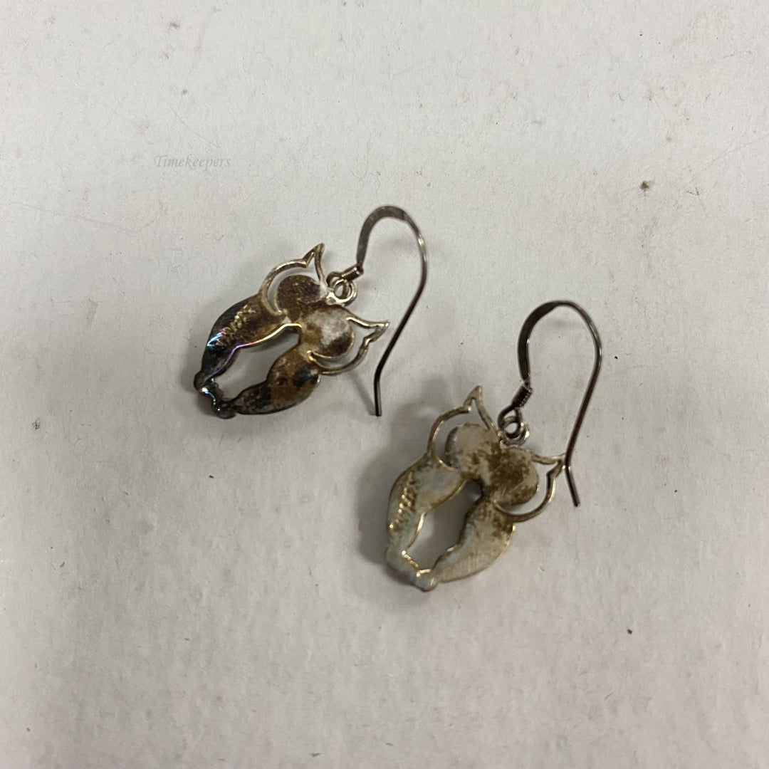 m126 Vintage Sterling Silver Cute Green Enamel Owl Dangle Earrings