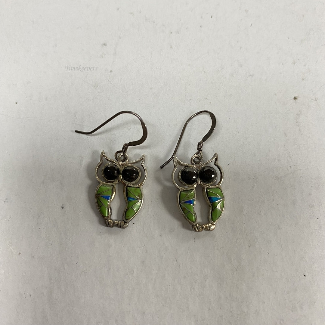 m126 Vintage Sterling Silver Cute Green Enamel Owl Dangle Earrings
