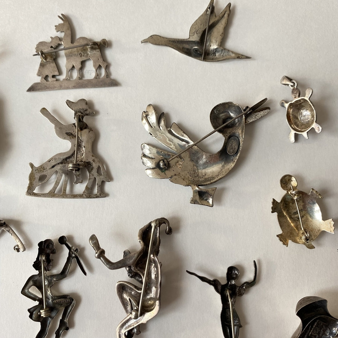 m173 Vintage Sterling Silver Silver Tone Pin Brooch Collection Lot of 15