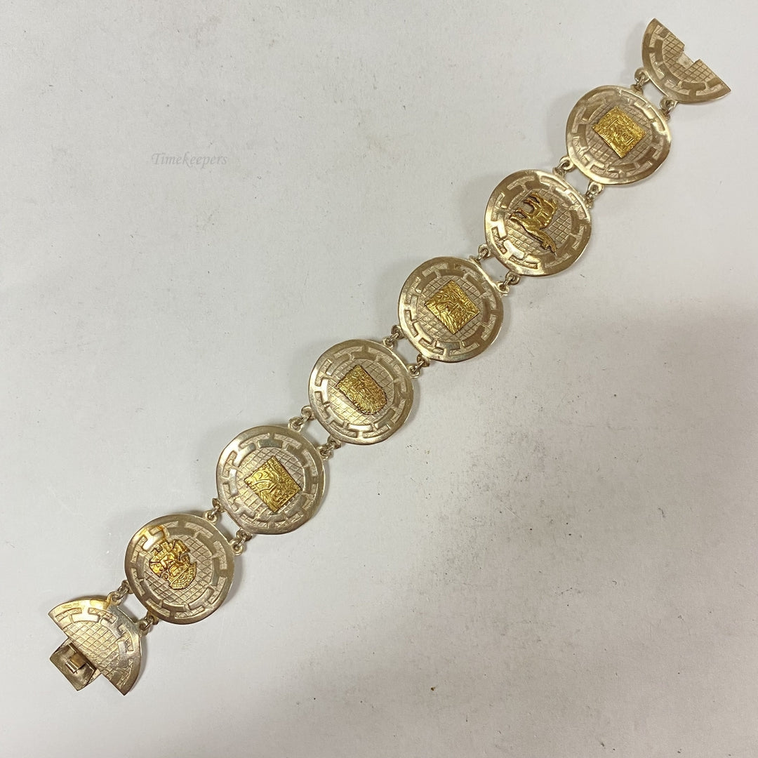 m177 Vintage Sterling Silver 18K Yellow Gold Peruvian Tribal Symbols Bracelet