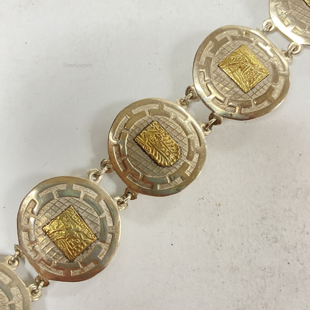 m177 Vintage Sterling Silver 18K Yellow Gold Peruvian Tribal Symbols Bracelet