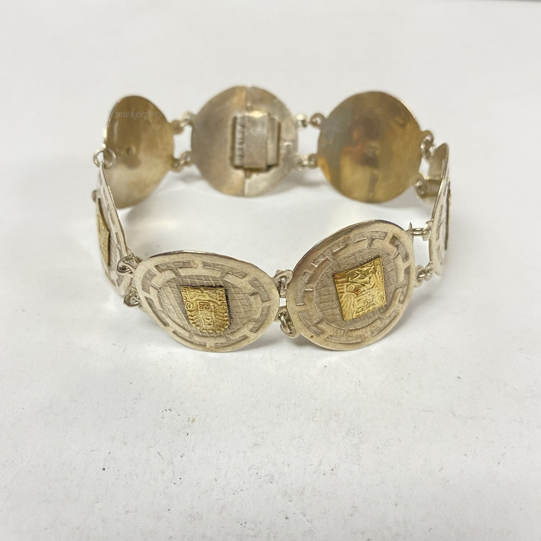 m177 Vintage Sterling Silver 18K Yellow Gold Peruvian Tribal Symbols Bracelet