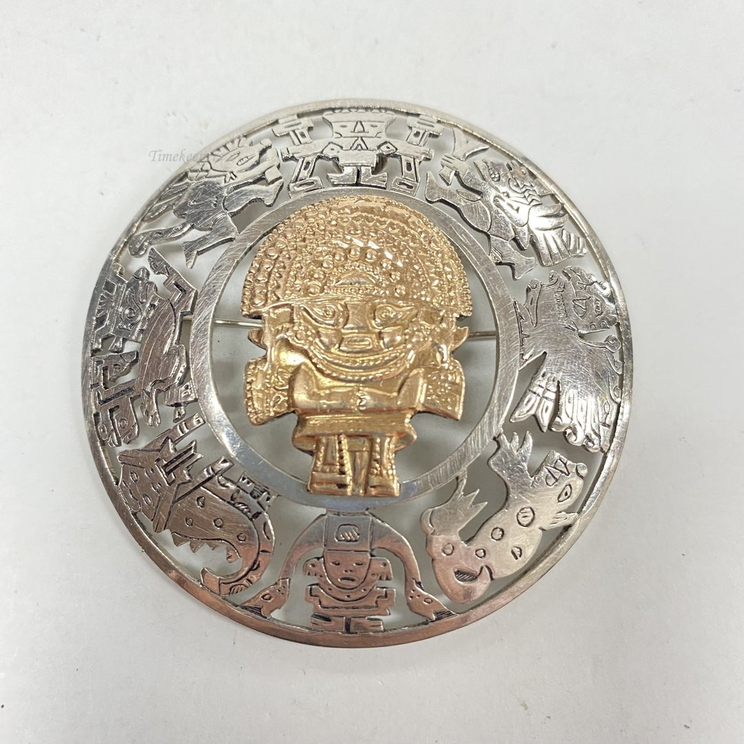 m180 Vintage Sterling Silver 18K Yellow Gold Peruvian Medallion Brooch Pendant