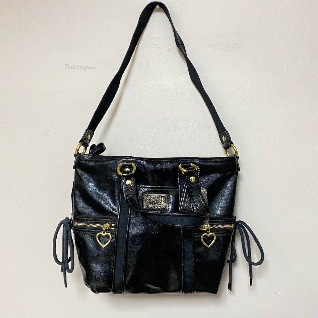 m351 Vintage Coach Black Patent Leather Poppy Daisy Liquid Glass Tote Purse Bag