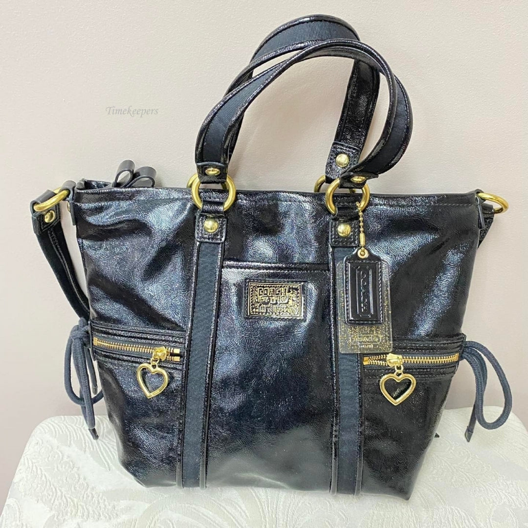 m351 Vintage Coach Black Patent Leather Poppy Daisy Liquid Glass Tote Purse Bag