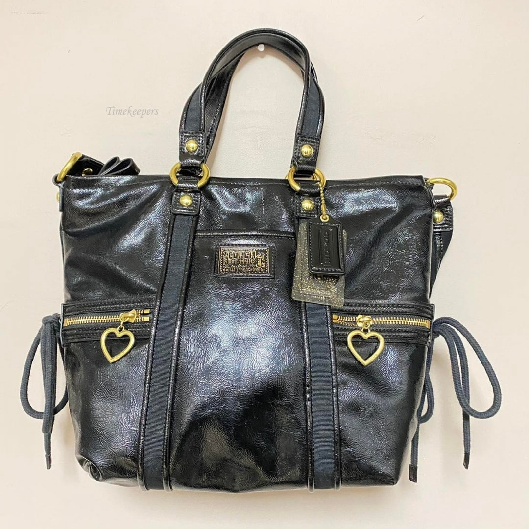 m351 Vintage Coach Black Patent Leather Poppy Daisy Liquid Glass Tote Purse Bag