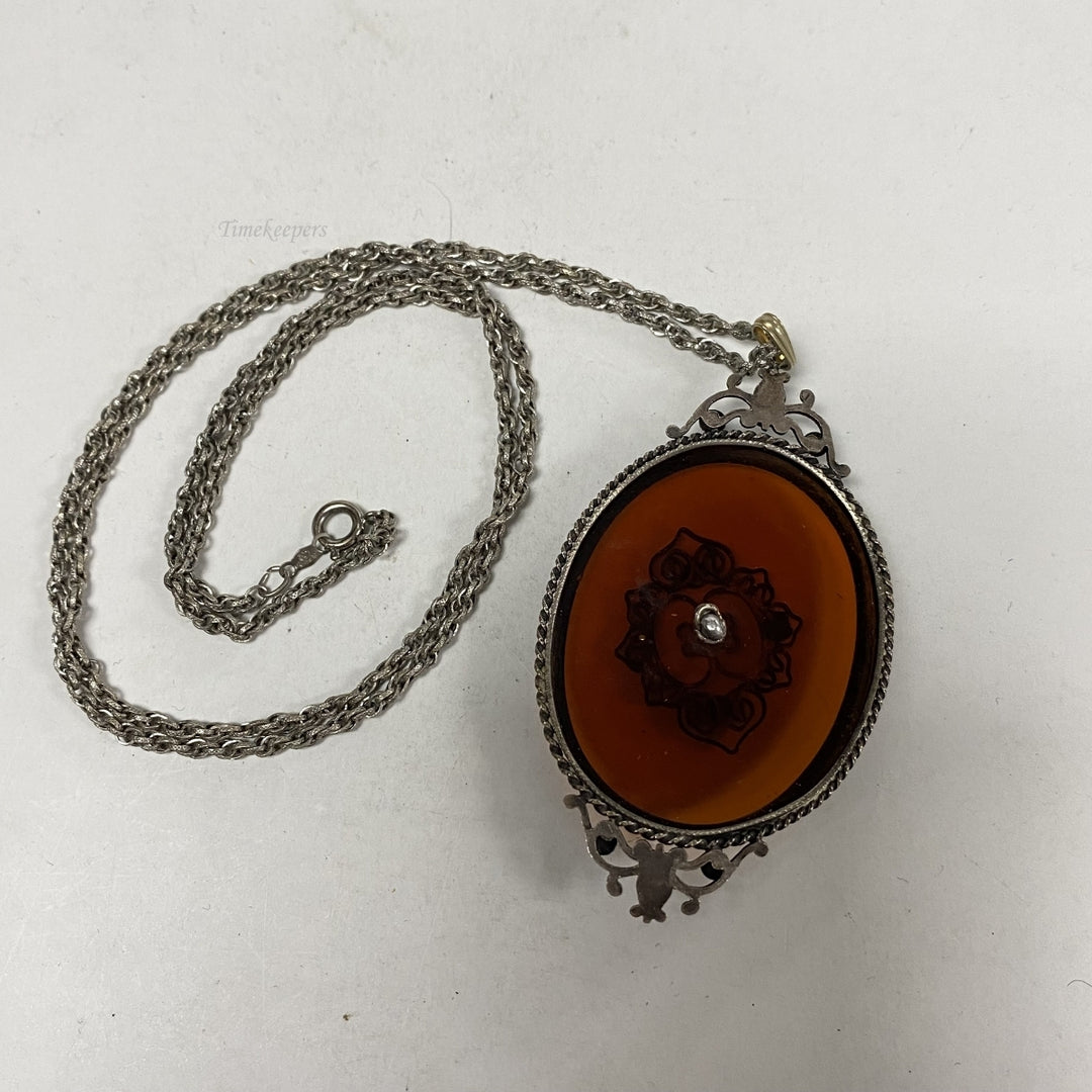 m261 Vintage Sterling Silver Chain Necklace 25" Silver Brown Filigree Pendant