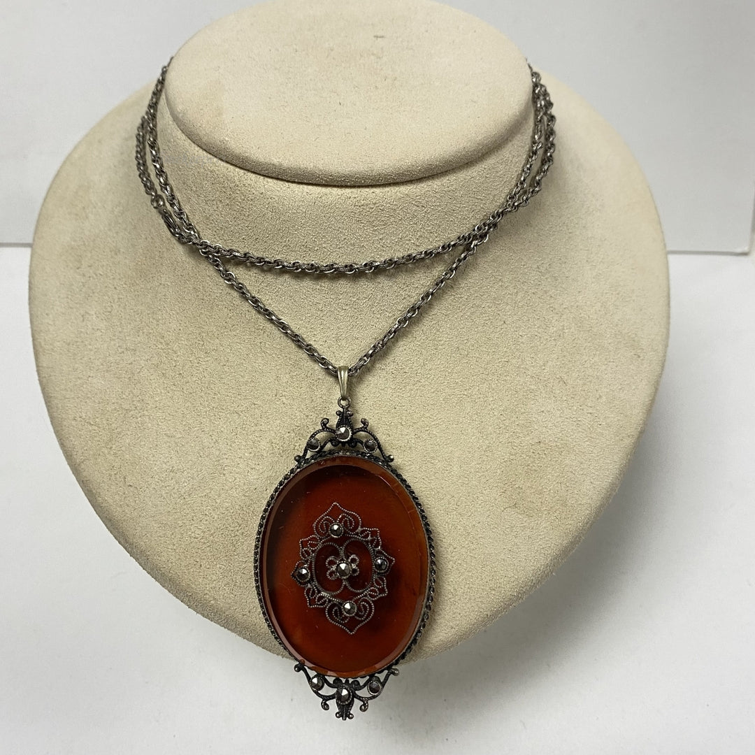 m261 Vintage Sterling Silver Chain Necklace 25" Silver Brown Filigree Pendant