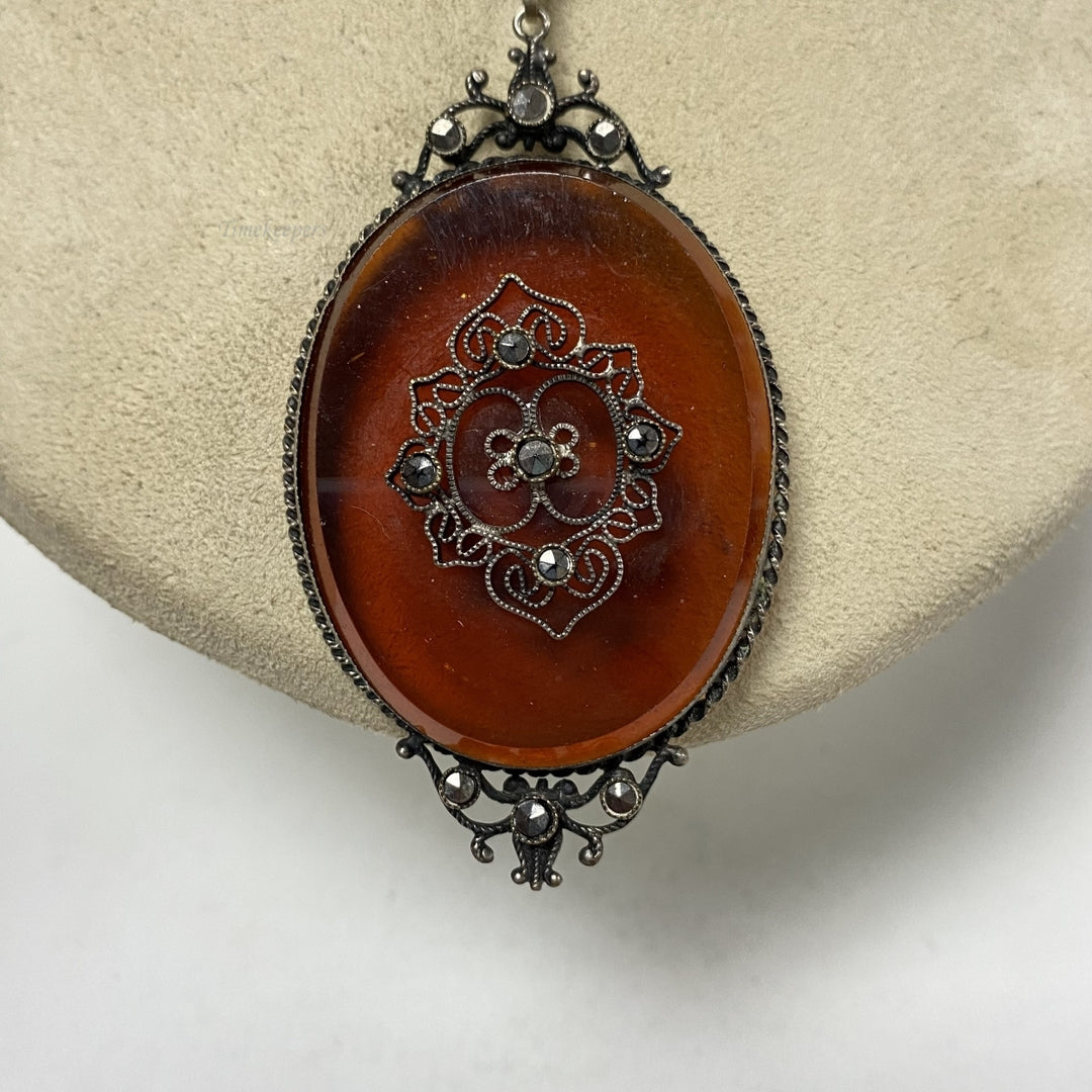 m261 Vintage Sterling Silver Chain Necklace 25" Silver Brown Filigree Pendant