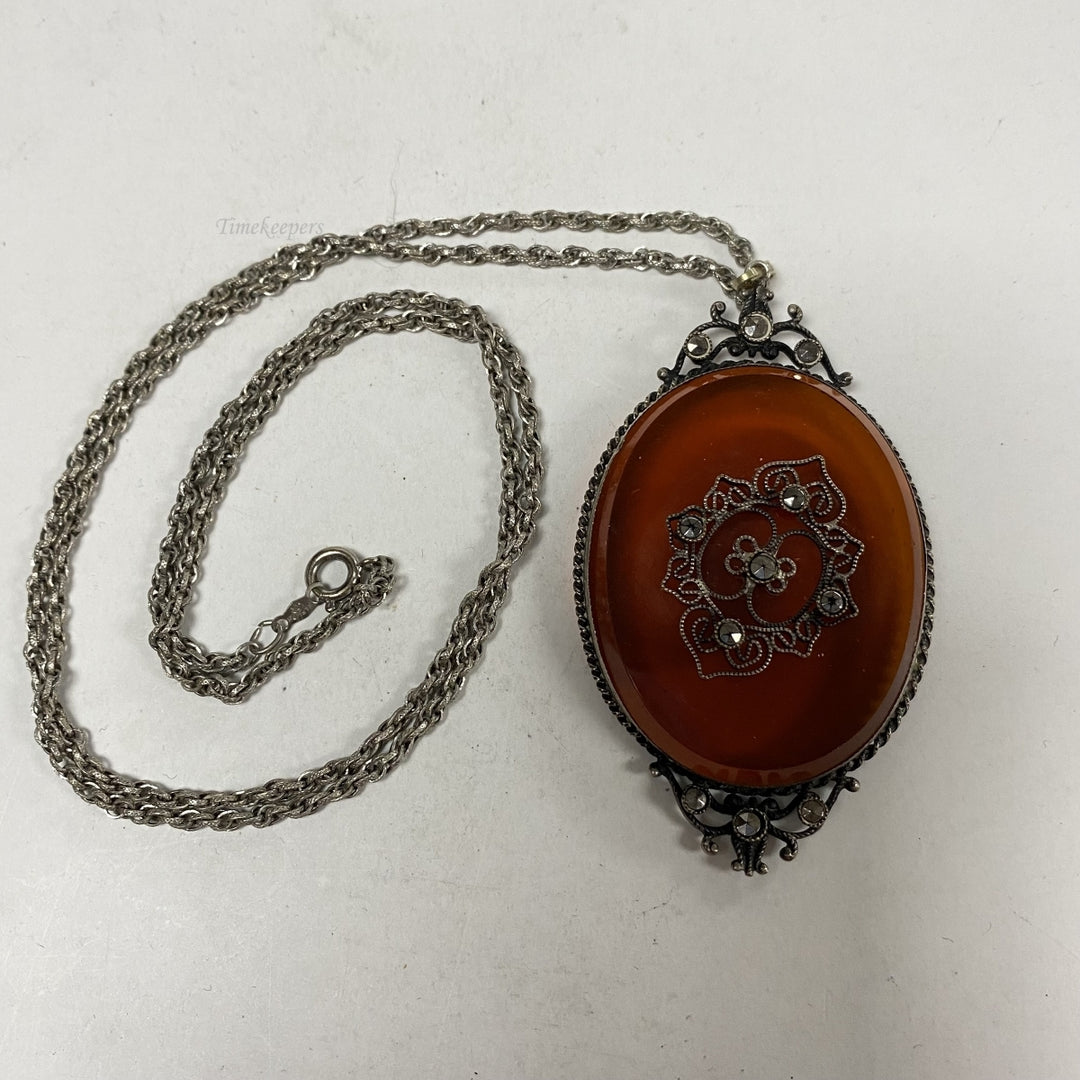 m261 Vintage Sterling Silver Chain Necklace 25" Silver Brown Filigree Pendant