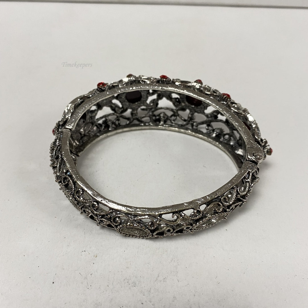 m316 Vintage Silver Tone Red Rhinestone Wide Filigree Bracelet Spring Opening
