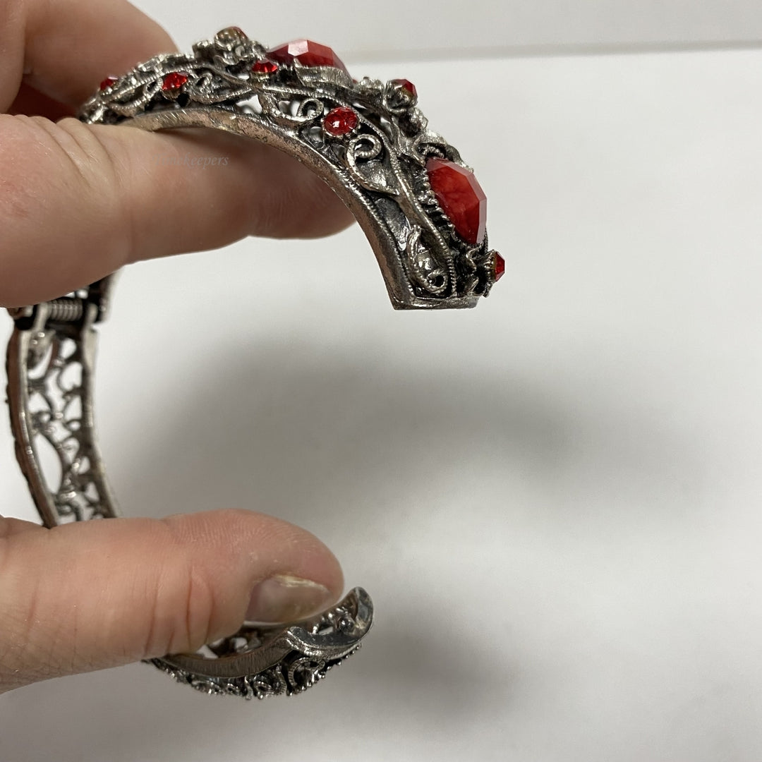 m316 Vintage Silver Tone Red Rhinestone Wide Filigree Bracelet Spring Opening