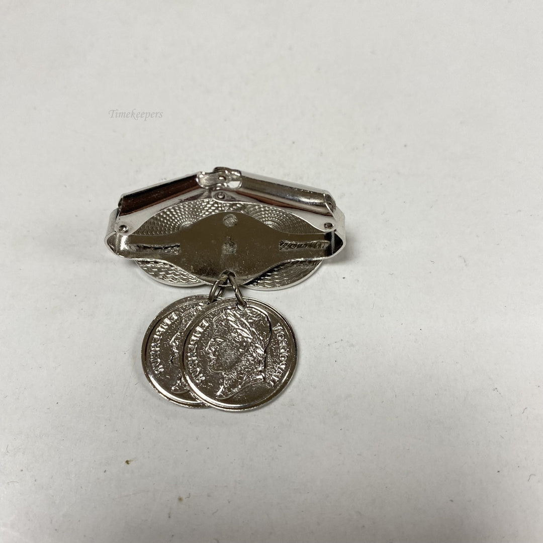 m319 Vintage "ROMAN COINS" Silver Tone Scarf Holder Clip Clasp