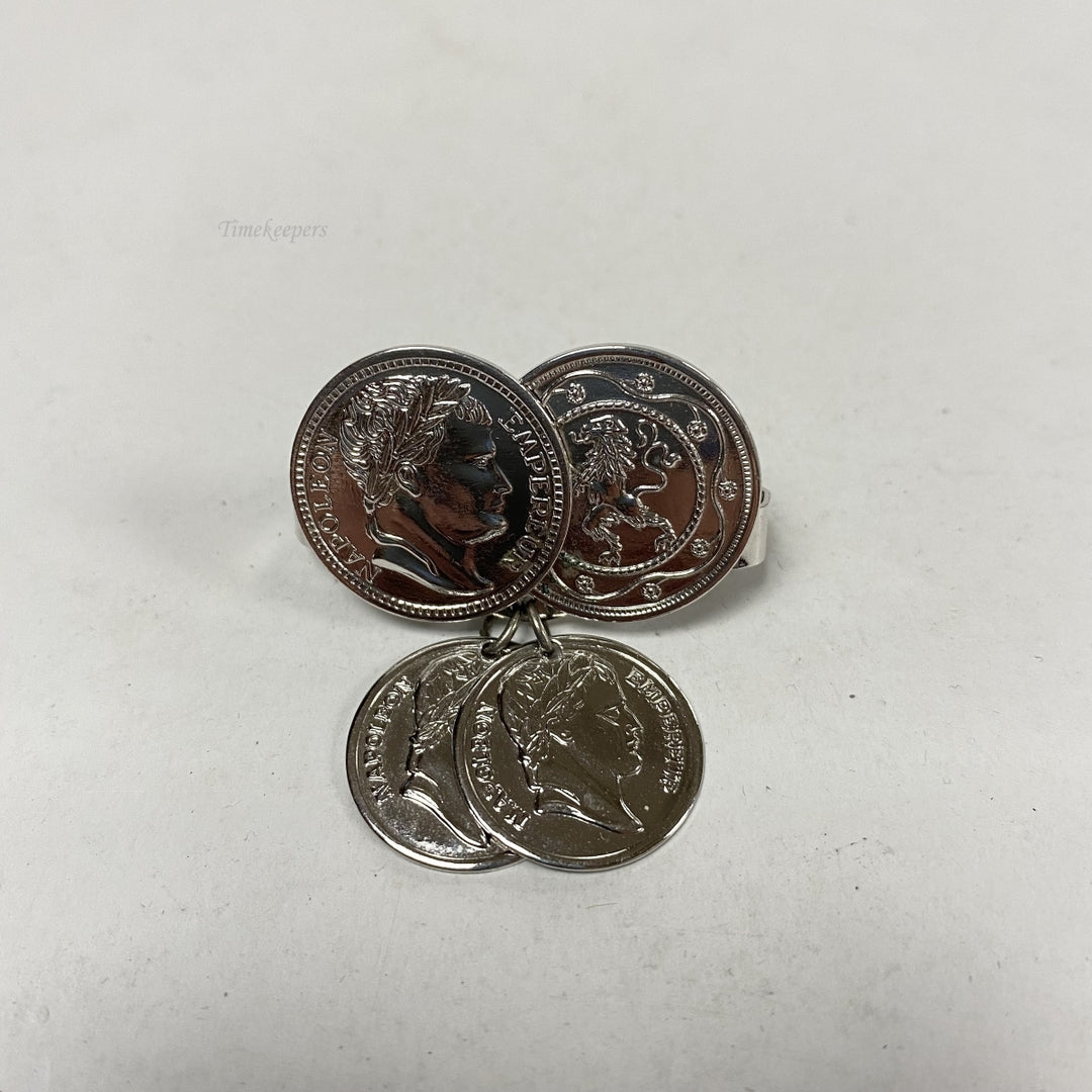m319 Vintage "ROMAN COINS" Silver Tone Scarf Holder Clip Clasp
