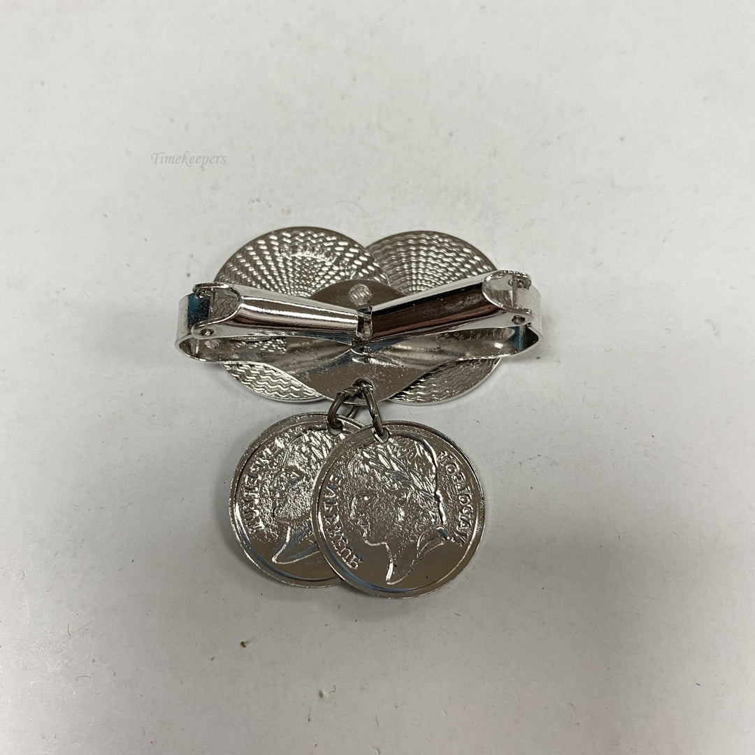 m319 Vintage "ROMAN COINS" Silver Tone Scarf Holder Clip Clasp