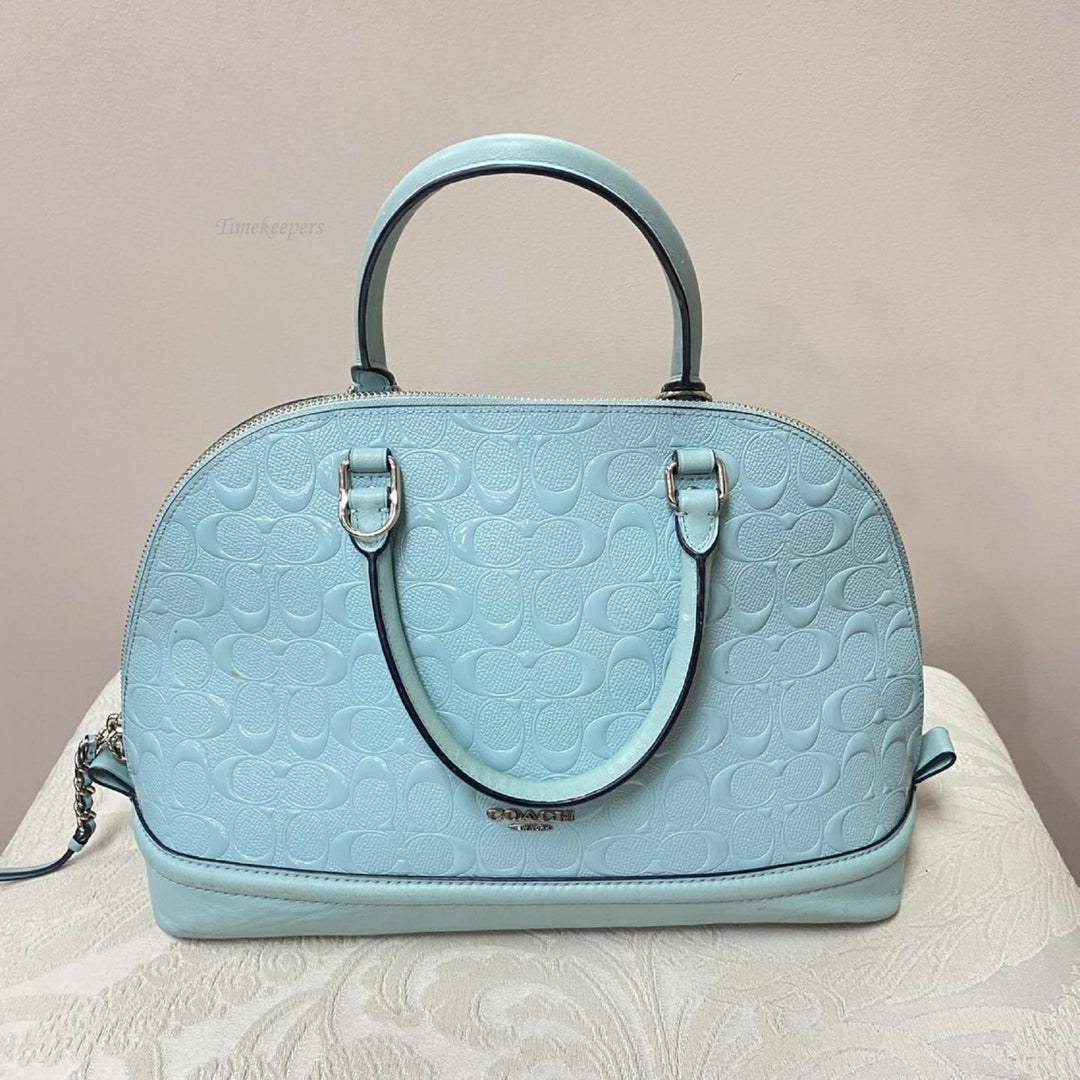 m346 Vintage Coach Sierra Satchel Signature Debossed Patent Leather Powder Blue