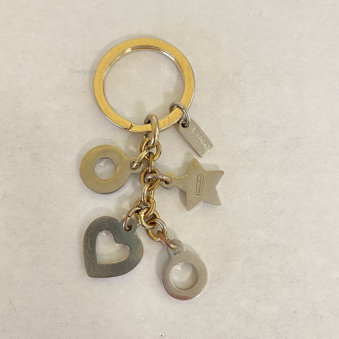 m367 Coach Vintage Open Heart Key Fob Key Ring 62602 Gold Silver Rhinestones