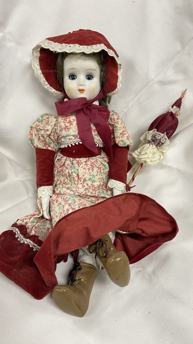 m420 Vintage Antique Collectible Ceramic Doll Umbrella Motion Body Parts Eyes