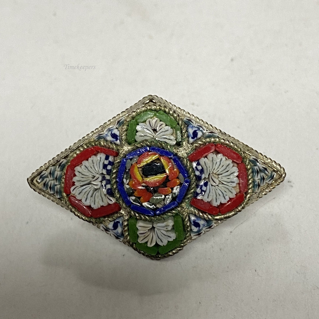 m642 Vintage Rare Micro Mosaic Floral Brooch Red Green White Made in Italy