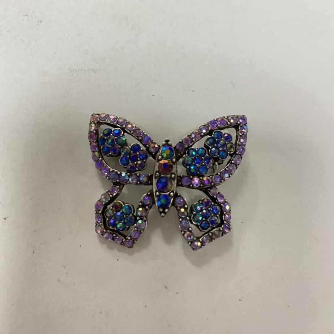m650 Vintage Silver Tone Blue Crystals Butterfly Brooch Pin