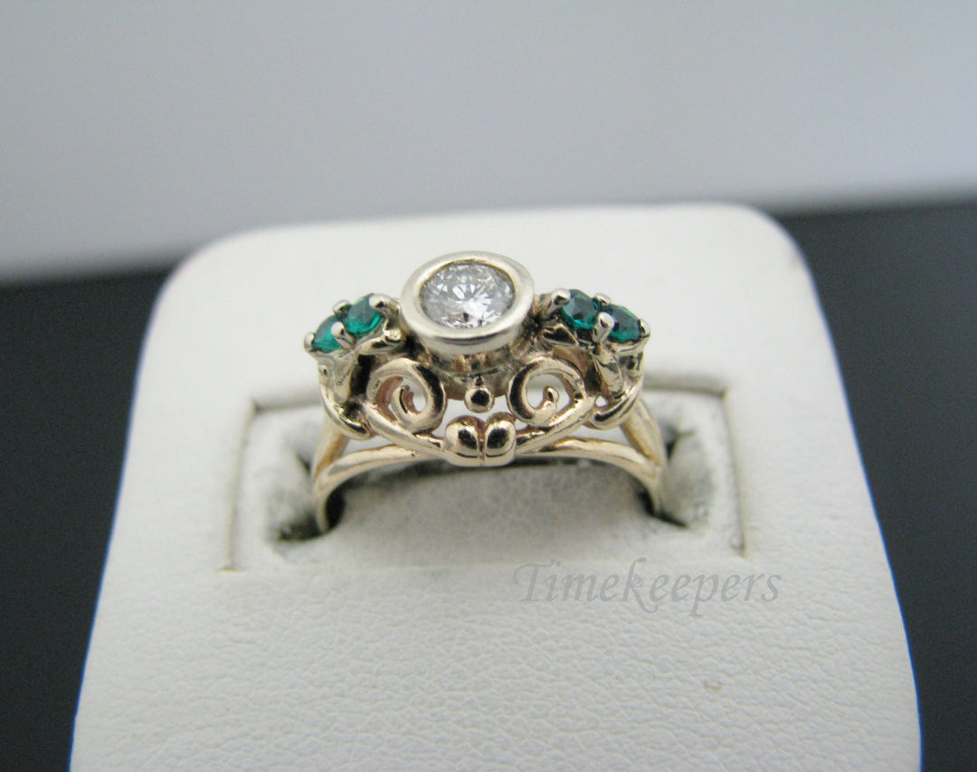 a803 Gorgeous Vintage Diamond Green Stone Ring 4k Yellow Gold Filigree Size 5.5
