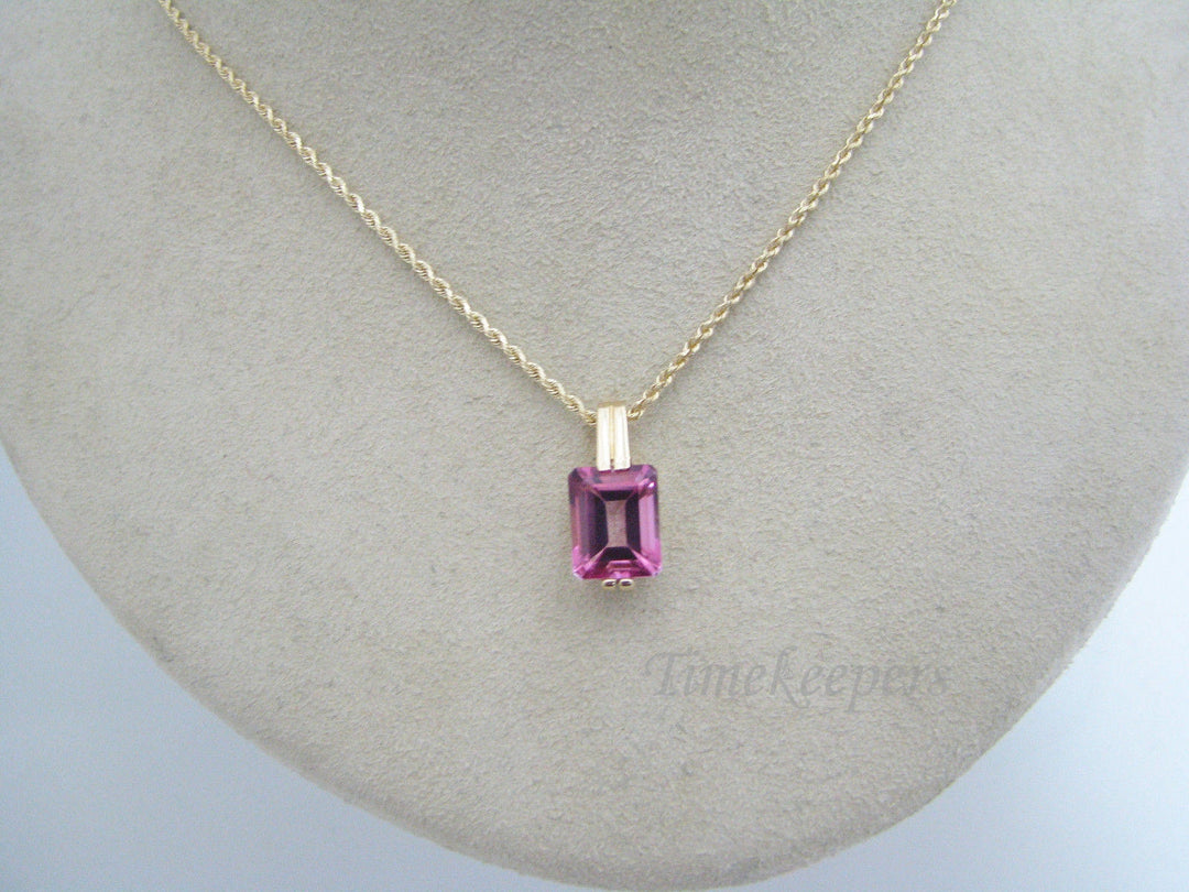 c291 Stunning Emerald Cut Pink Stone Set in 14k YG on 14k YG Rope Chain