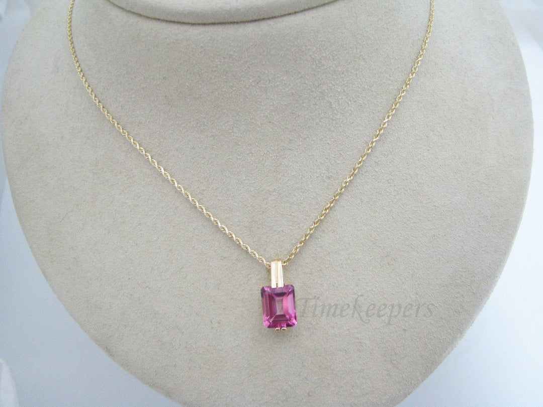 c291 Stunning Emerald Cut Pink Stone Set in 14k YG on 14k YG Rope Chain