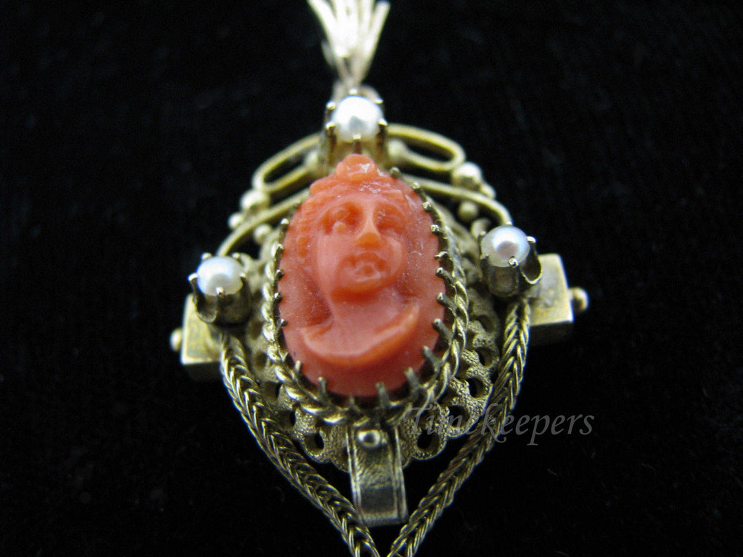 a753 Beautiful Unique Vintage Cameo Pendant in 14k Yellow Gold with Pearls &amp; Hook