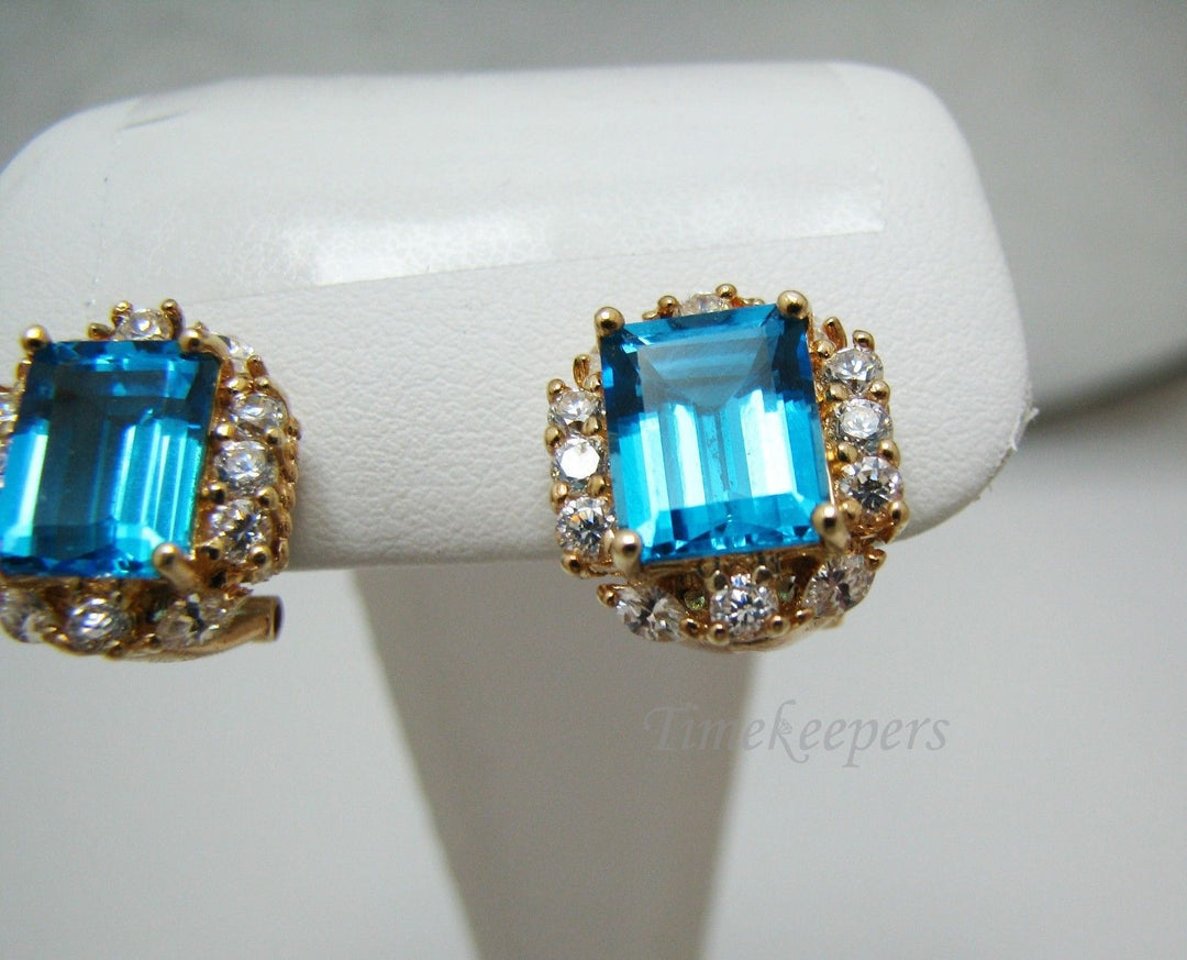 c390 Stunning Earrings Emerald Cut Aqua Blue Stone &amp; CZs in 14k Yellow Gold