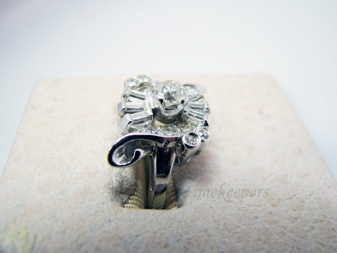 a517 Beautiful Diamond Cluster Ring Round Cut &amp; Baguettes 14k White Gold Sz 4.75
