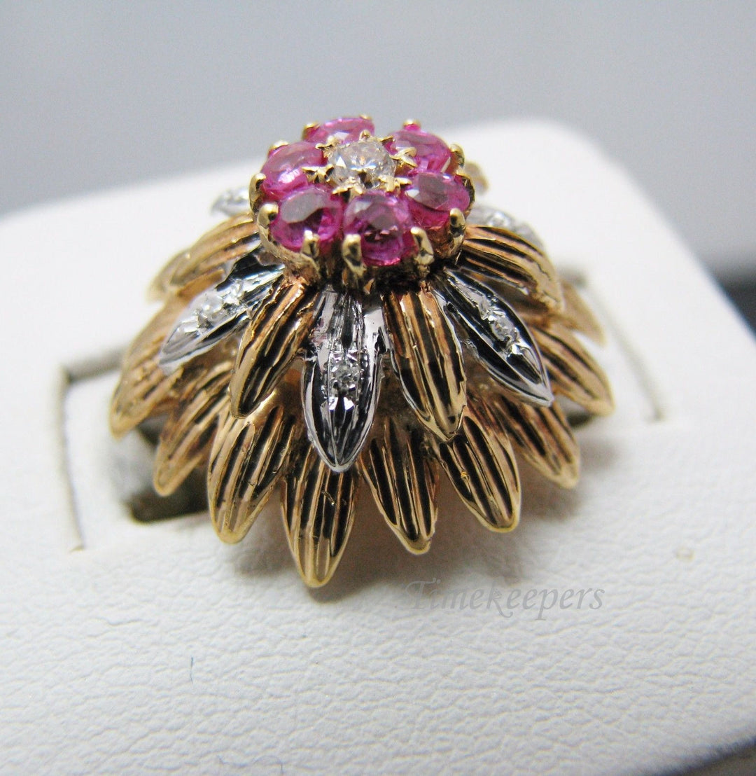 a452 18k Yellow Gold Ring with Blooming Flower, Diamond and Pink Tourmaline