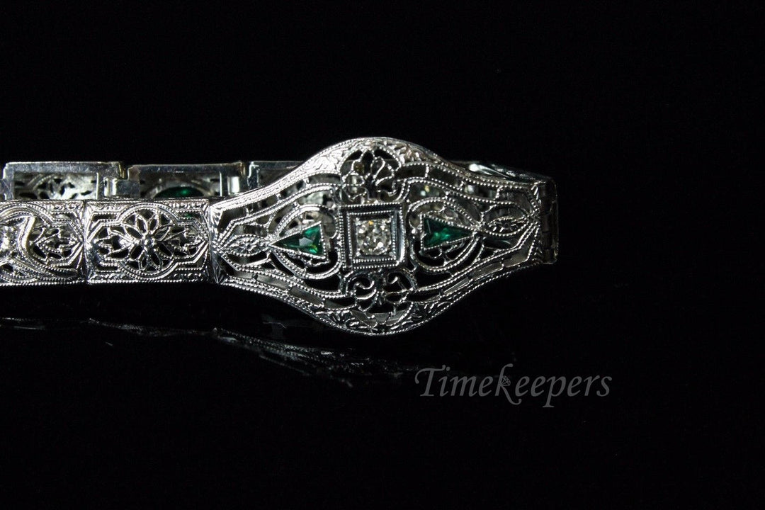 a173 Vintage 1920's Diamond and Trillion Emeralds Bracelet in 14K White Gold