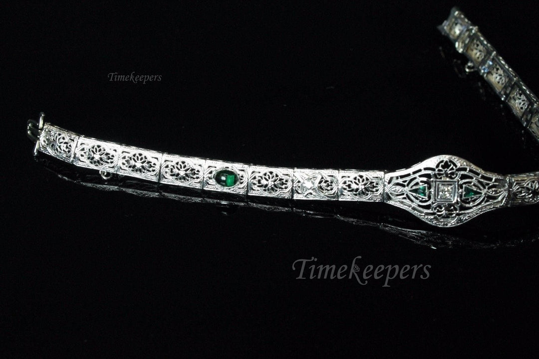 a173 Vintage 1920's Diamond and Trillion Emeralds Bracelet in 14K White Gold