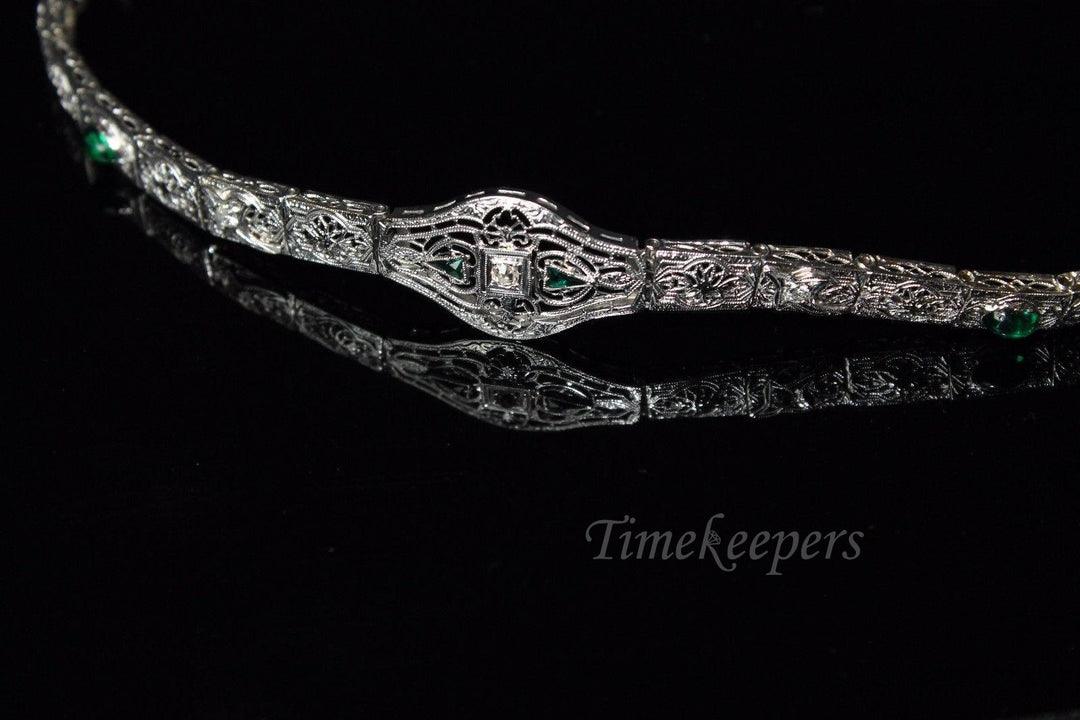 a173 Vintage 1920's Diamond and Trillion Emeralds Bracelet in 14K White Gold