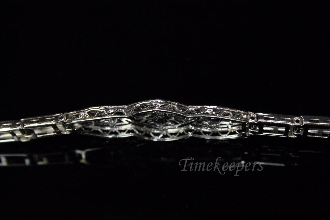 a174 Vintage 1920s Diamond and Marquise Emeralds Bracelet in 14K White Gold