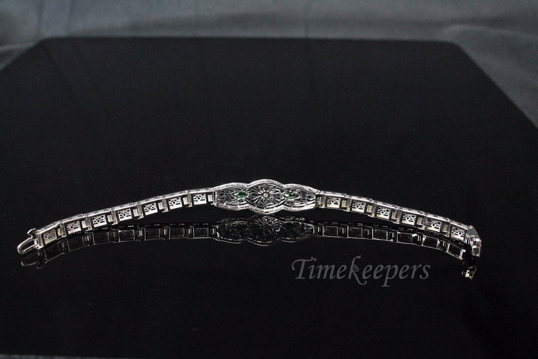 a174 Vintage 1920s Diamond and Marquise Emeralds Bracelet in 14K White Gold