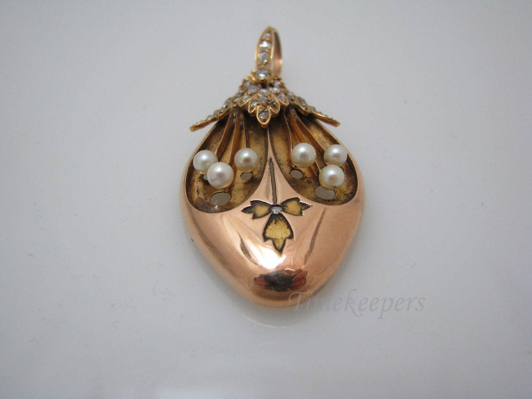 a730 Amazing 14k Yellow Gold Tear Drop Locket with Diamonds & Pearls