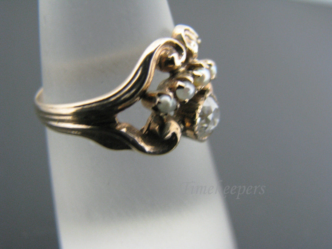 c504 Stunning Vintage Ring with Center Diamond and Seed Pearls in 10k YG