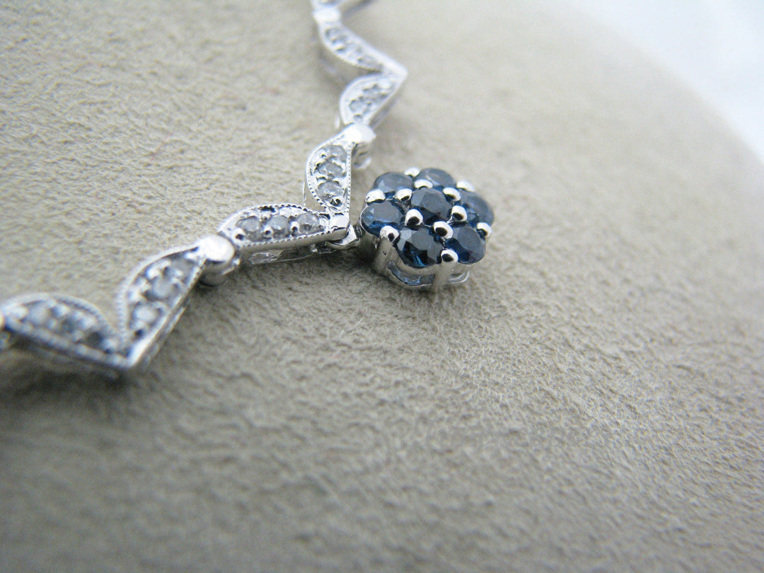 a386 Elegant Diamond Sapphire Necklace 14k White Gold attached Chain Necklace