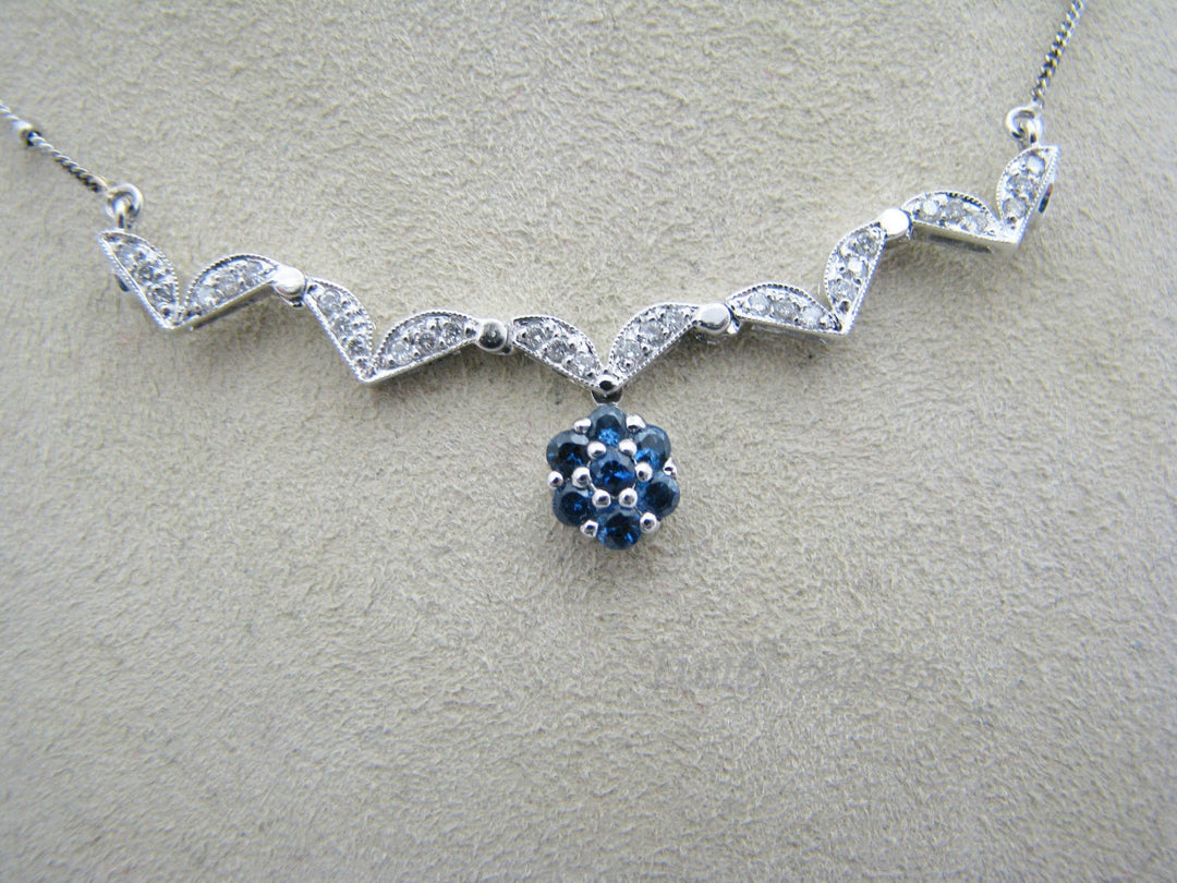 a386 Elegant Diamond Sapphire Necklace 14k White Gold attached Chain Necklace