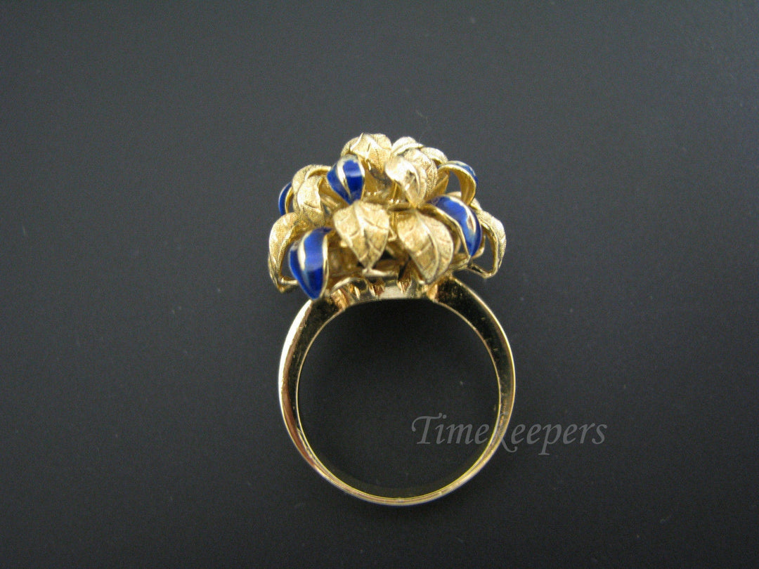 c495 Unique Chrysanthemum Ring with Blue Enamel in 18k Yellow Gold
