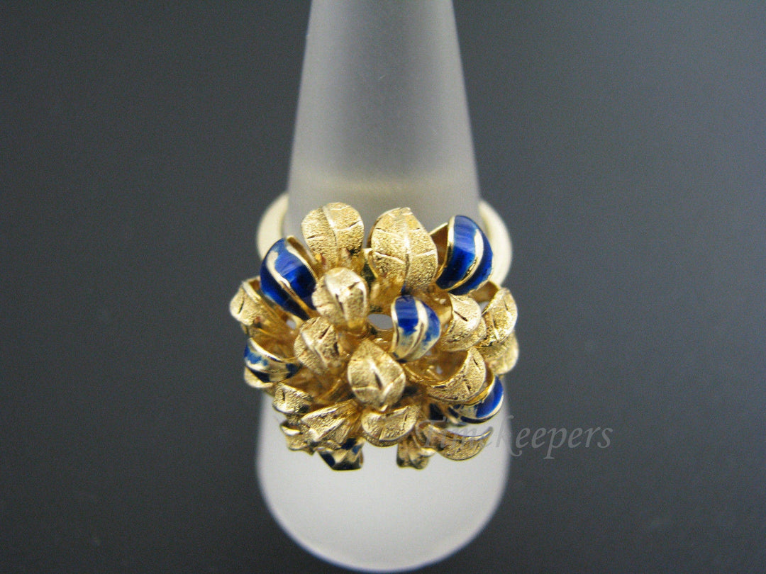c495 Unique Chrysanthemum Ring with Blue Enamel in 18k Yellow Gold