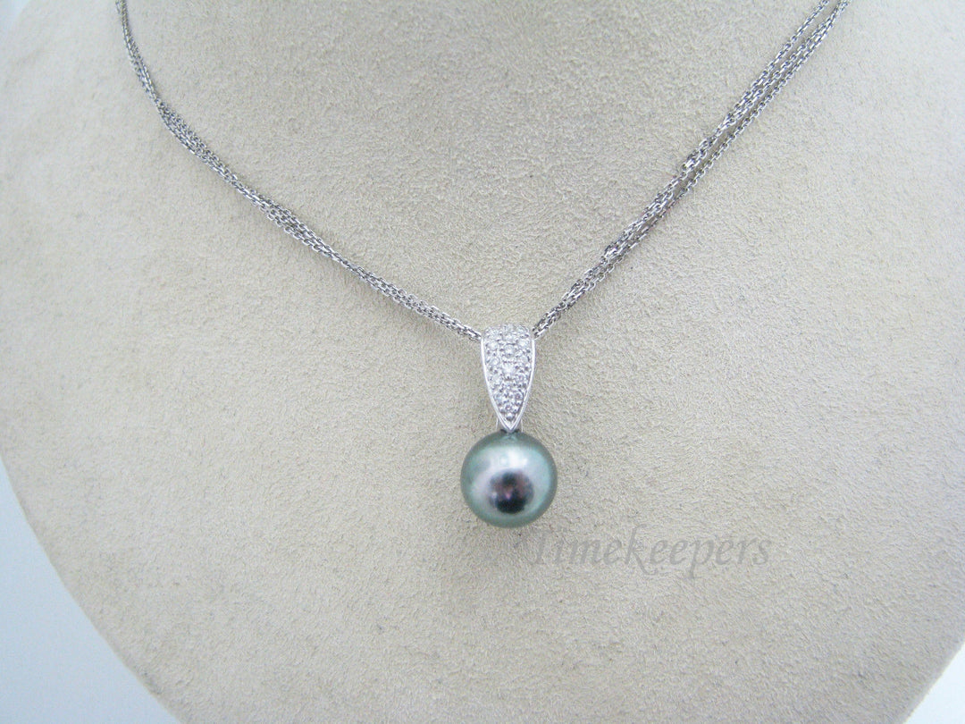 a375 Vintage Alluring Tahitian Pearl Pave Diamond Bail Pendant on 14k WG Chain