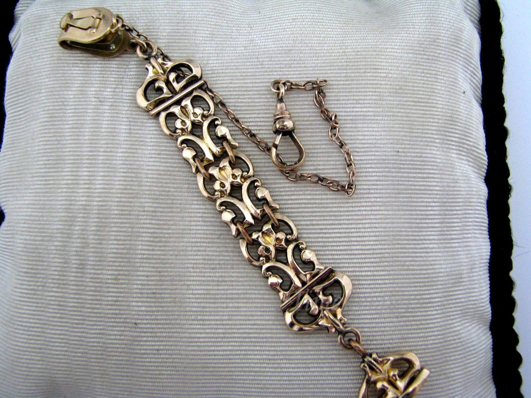 c383 10K Vintage (3) Filigree Link Fob w/ Pocket Watch Chain on Waist clip and Signet