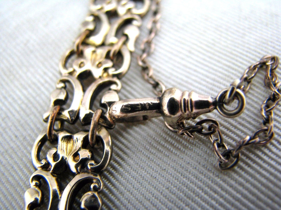 c383 10K Vintage (3) Filigree Link Fob w/ Pocket Watch Chain on Waist clip and Signet