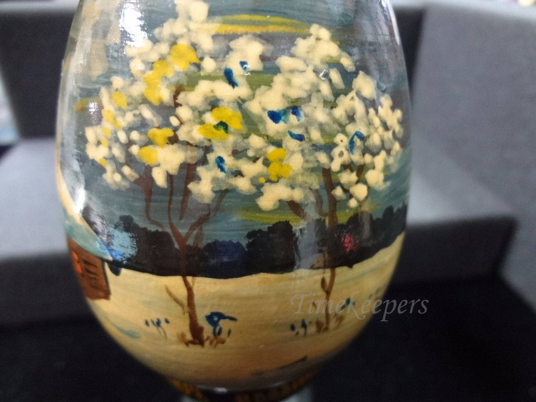 a311 Pretty Original Rare Russian Hand Painted Wood Egg with Winter Scene