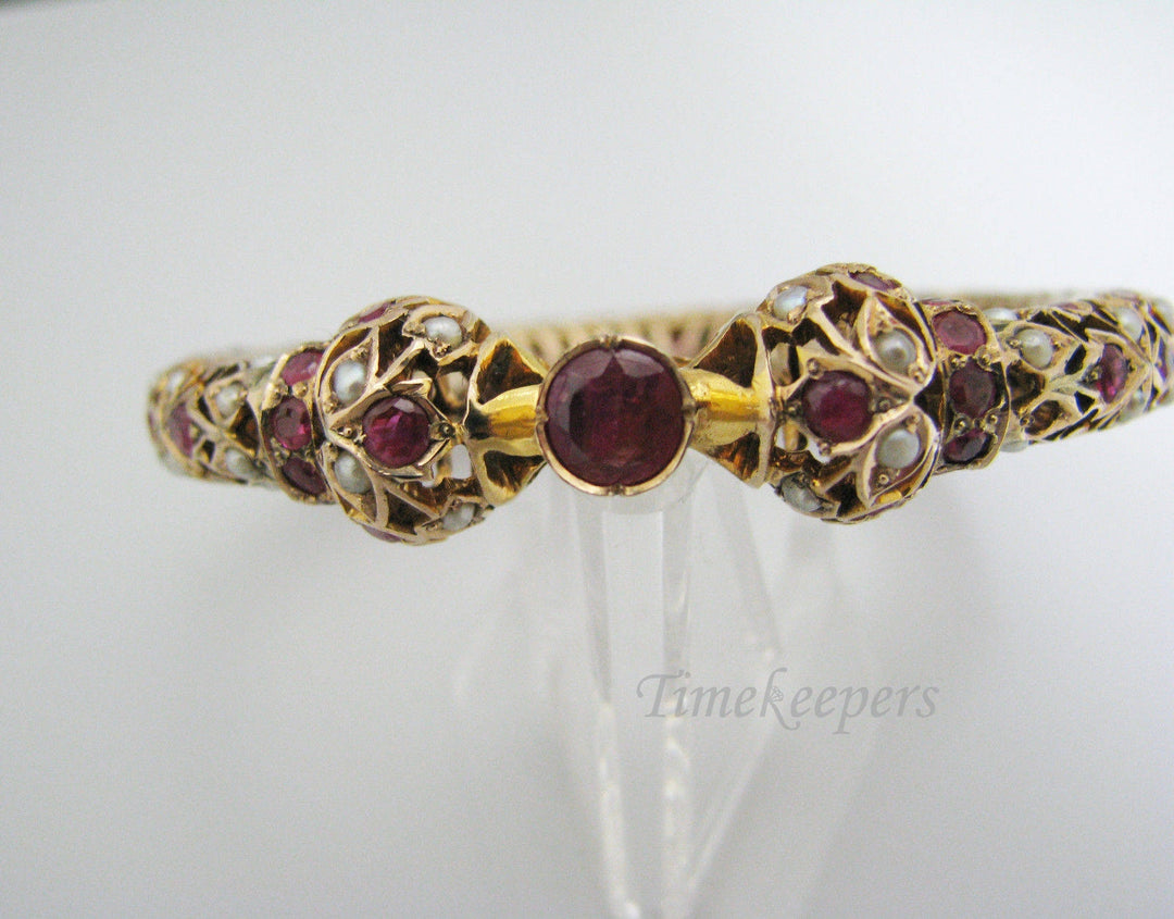 c404 Gorgeous Vintage Hinged Bangle in 14k Yellow Gold Studded with Rubies and Pearls