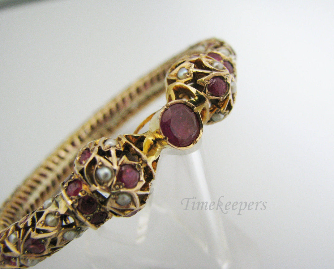c404 Gorgeous Vintage Hinged Bangle in 14k Yellow Gold Studded with Rubies and Pearls