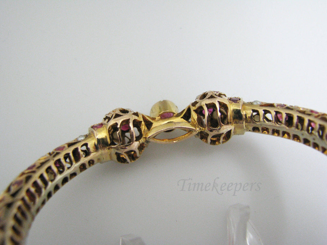 c404 Gorgeous Vintage Hinged Bangle in 14k Yellow Gold Studded with Rubies and Pearls