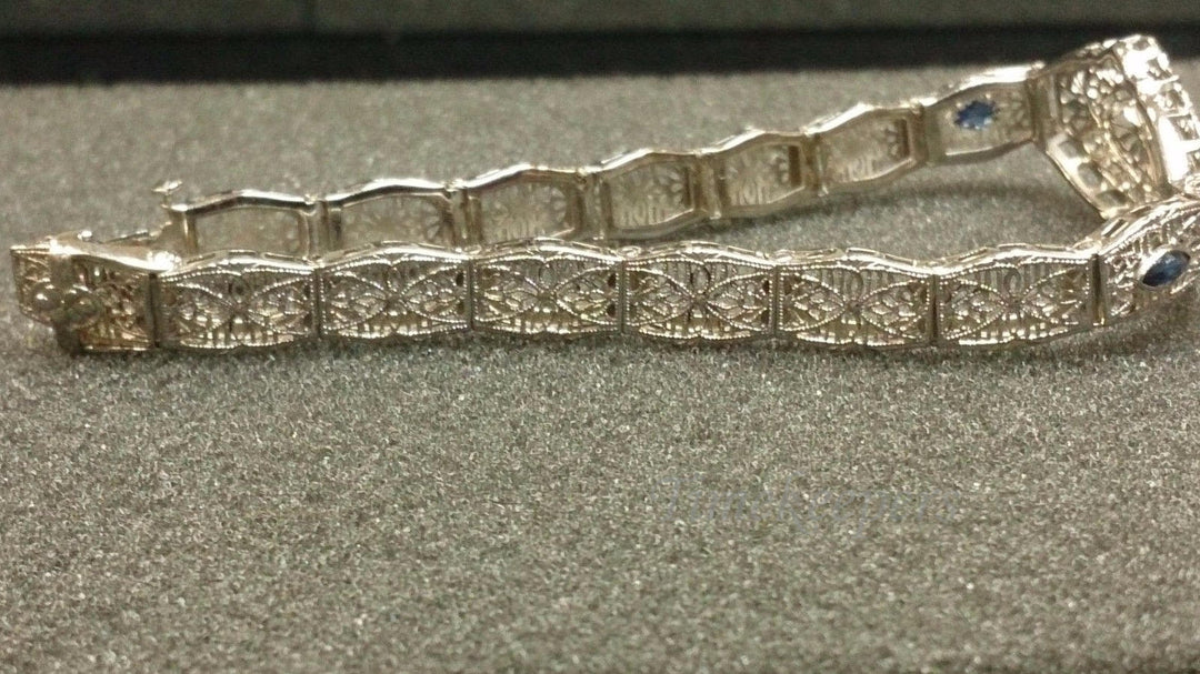 a179 Vintage 1920s Filigree Bracelet with Sapphire and Diamond 14K White Gold